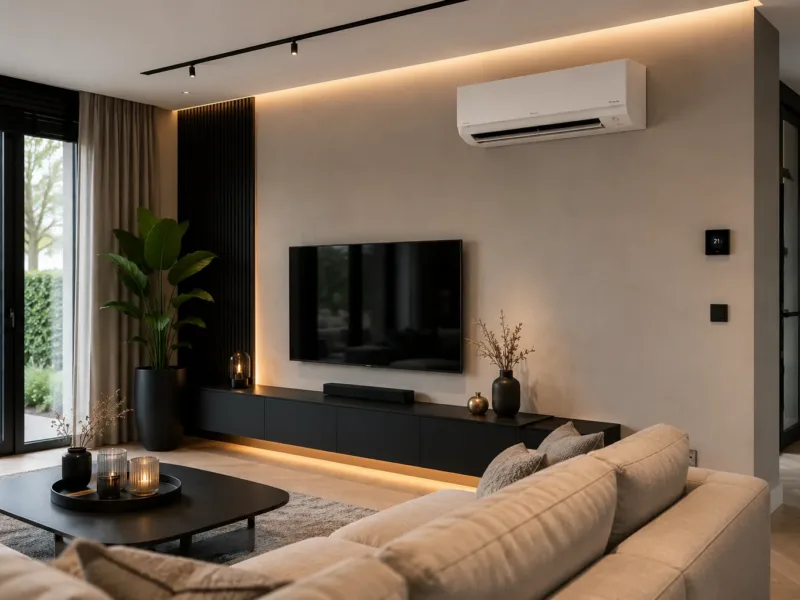 Airco-unit aan de wand van een strak ingerichte woonkamer