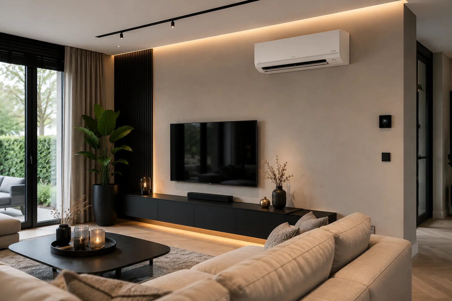 Airco-unit aan de wand van een strak ingerichte woonkamer