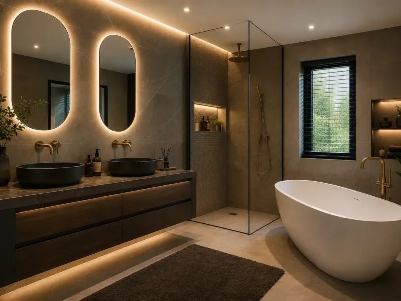 Luxe badkamer met vrijstaand bad, inloopdouche en dubbele wastafel