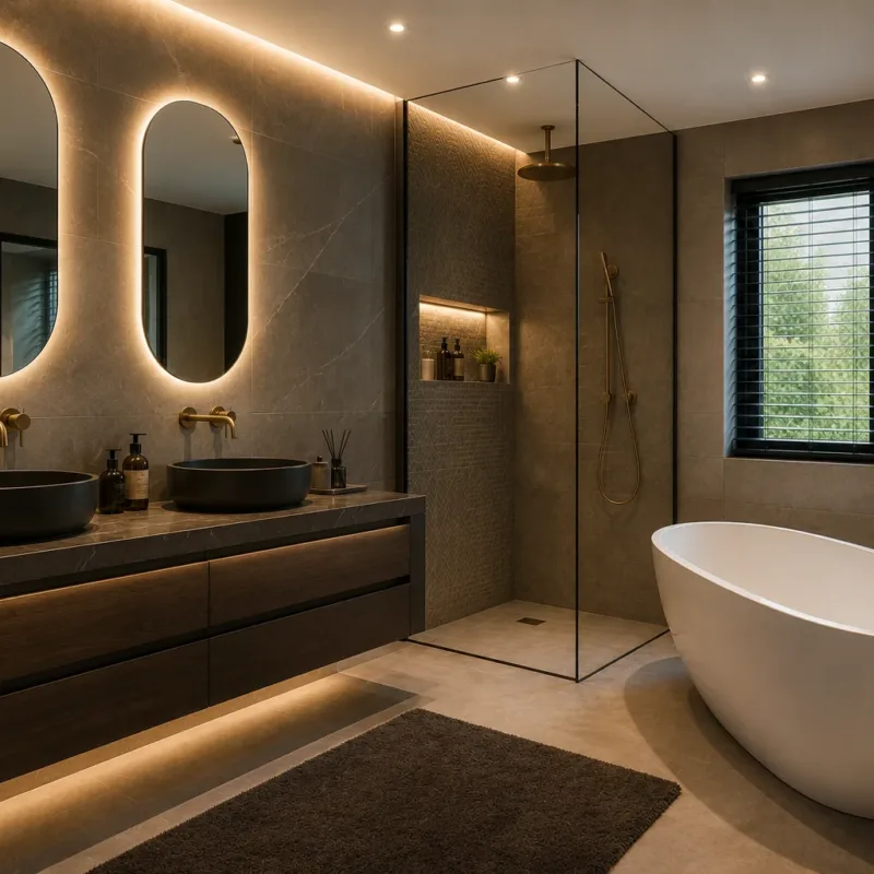 Luxe badkamer met vrijstaand bad, inloopdouche en dubbele wastafel