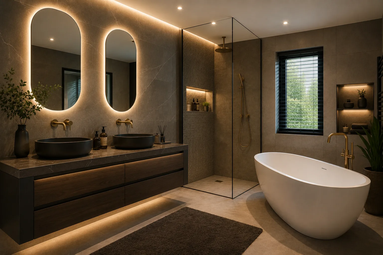 Luxe badkamer met vrijstaand bad, inloopdouche en dubbele wastafel