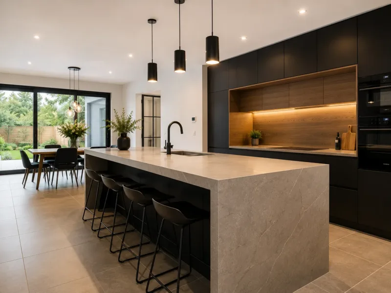 Moderne zwarte keuken met kookeiland en houten achterwand