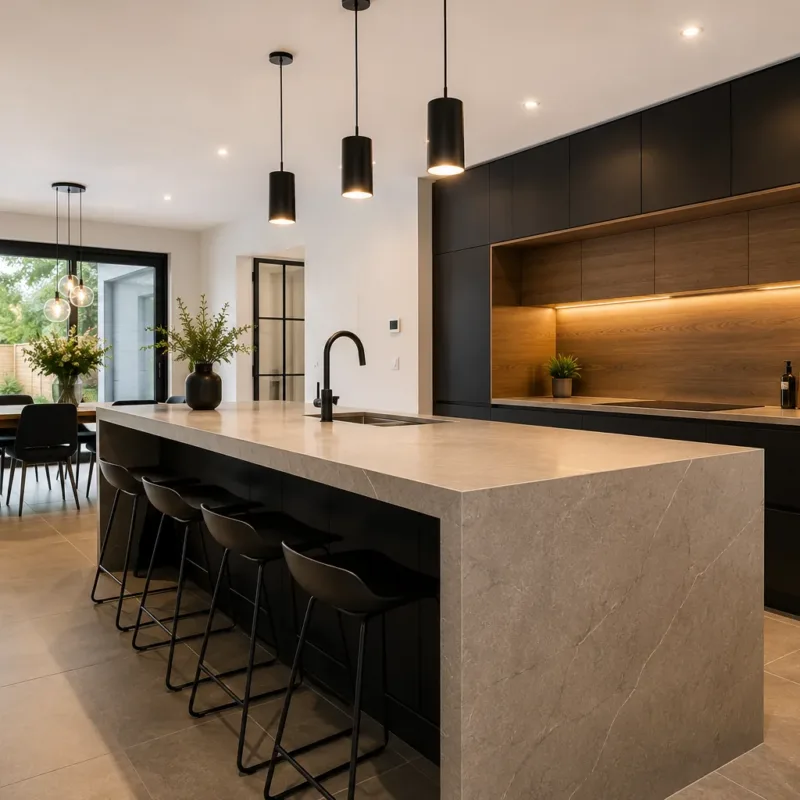 Moderne zwarte keuken met kookeiland en houten achterwand
