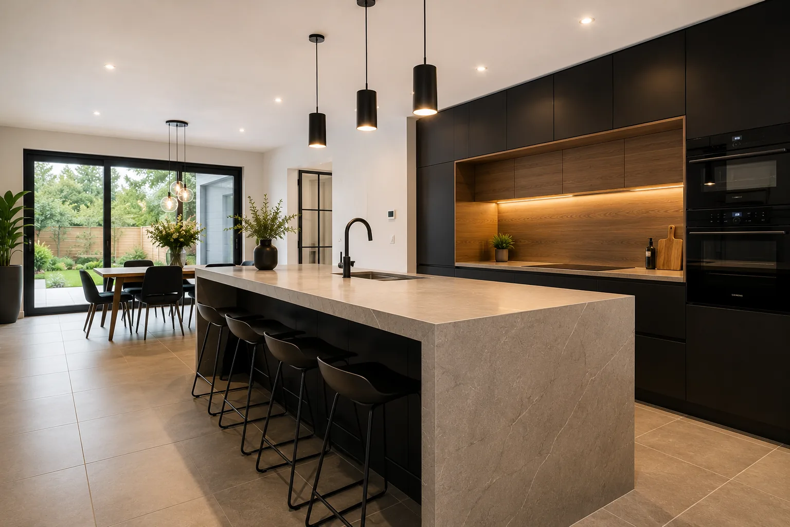 Moderne zwarte keuken met kookeiland en houten achterwand