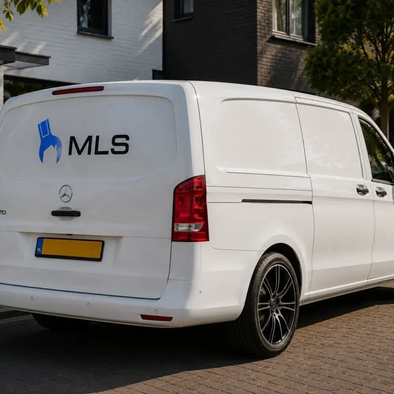 Witte bedrijfsbus van MLS Installatie & Bouwtechniek in een woonwijk