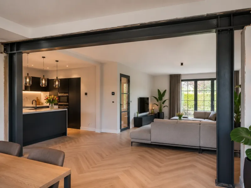Stalen constructie met zichtbare ligger tussen keuken en woonkamer