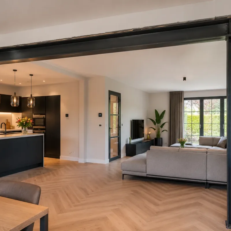 Stalen constructie met zichtbare ligger tussen keuken en woonkamer