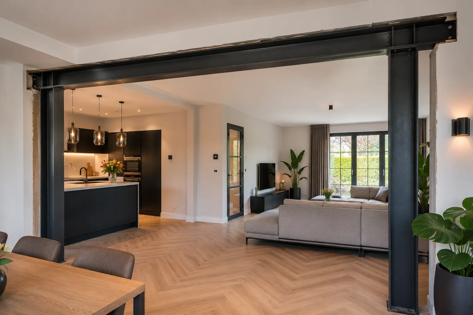 Stalen constructie met zichtbare ligger tussen keuken en woonkamer