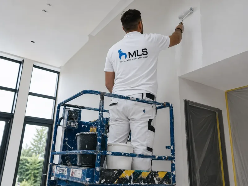Schilder werkt vanaf een hoogwerker aan het sauzen van een wand