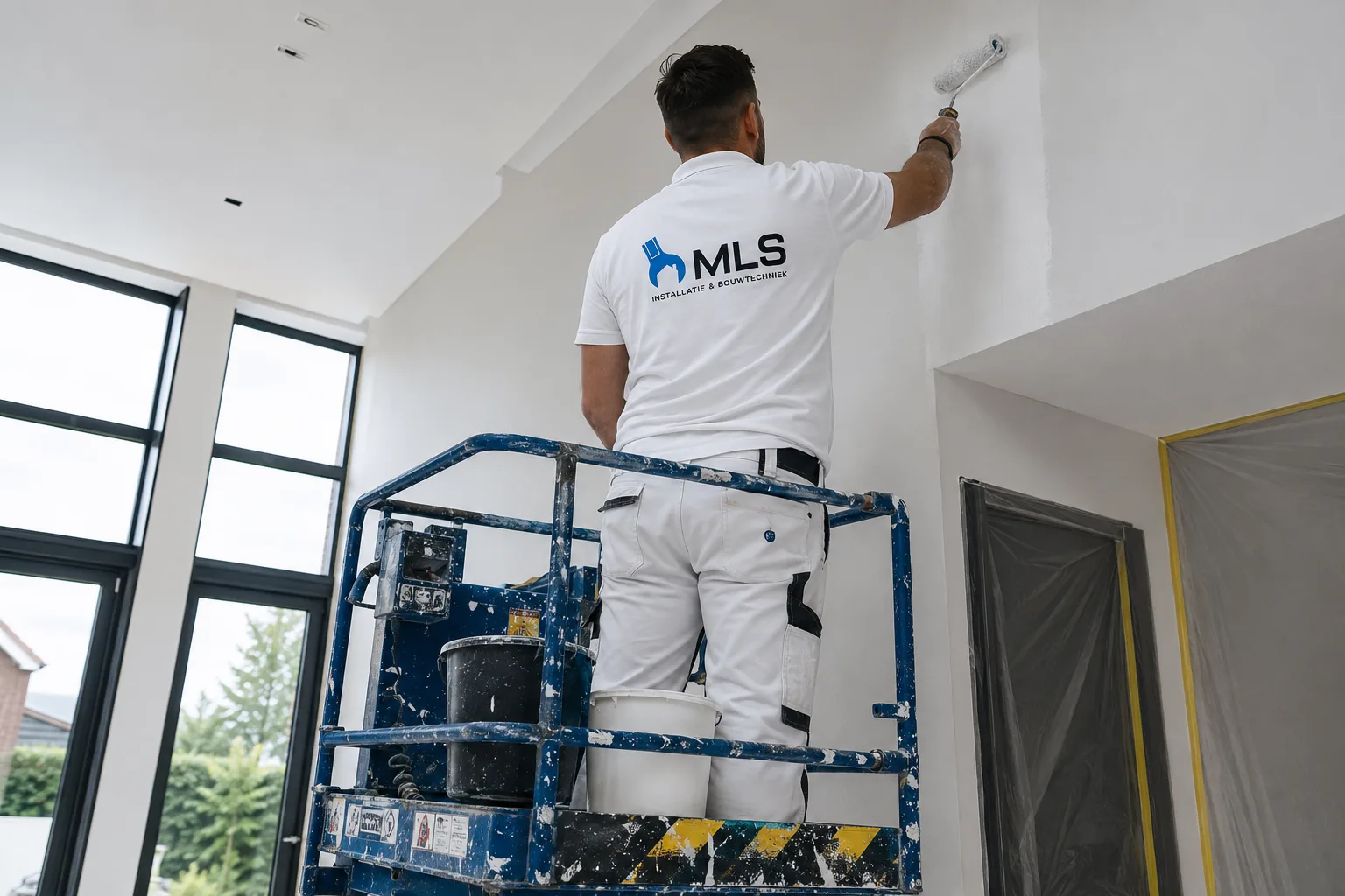 Schilder werkt vanaf een hoogwerker aan het sauzen van een wand