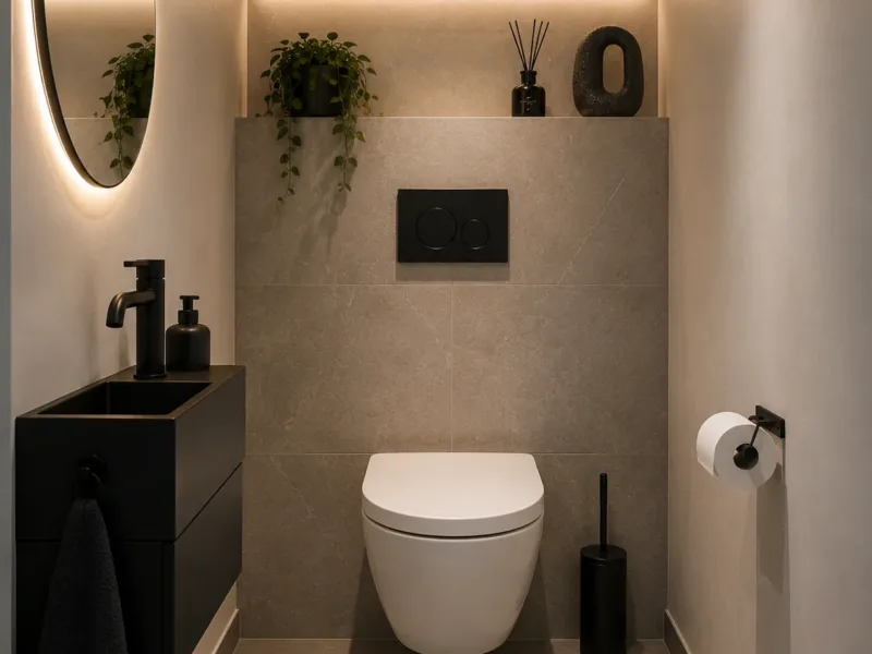 Modern toilet met hangend closet, fonteintje en nis met verlichting