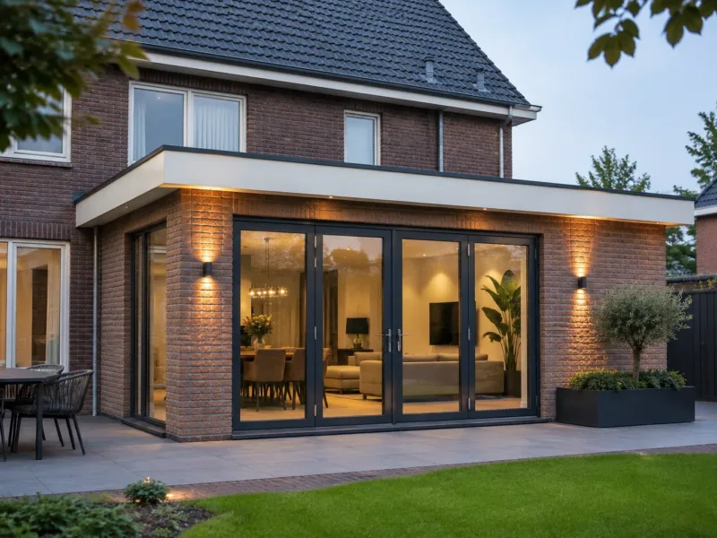 Uitbouw met bakstenen gevel en openslaande deuren in de avond