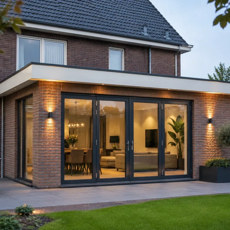 Uitbouw met bakstenen gevel en openslaande deuren in de avond