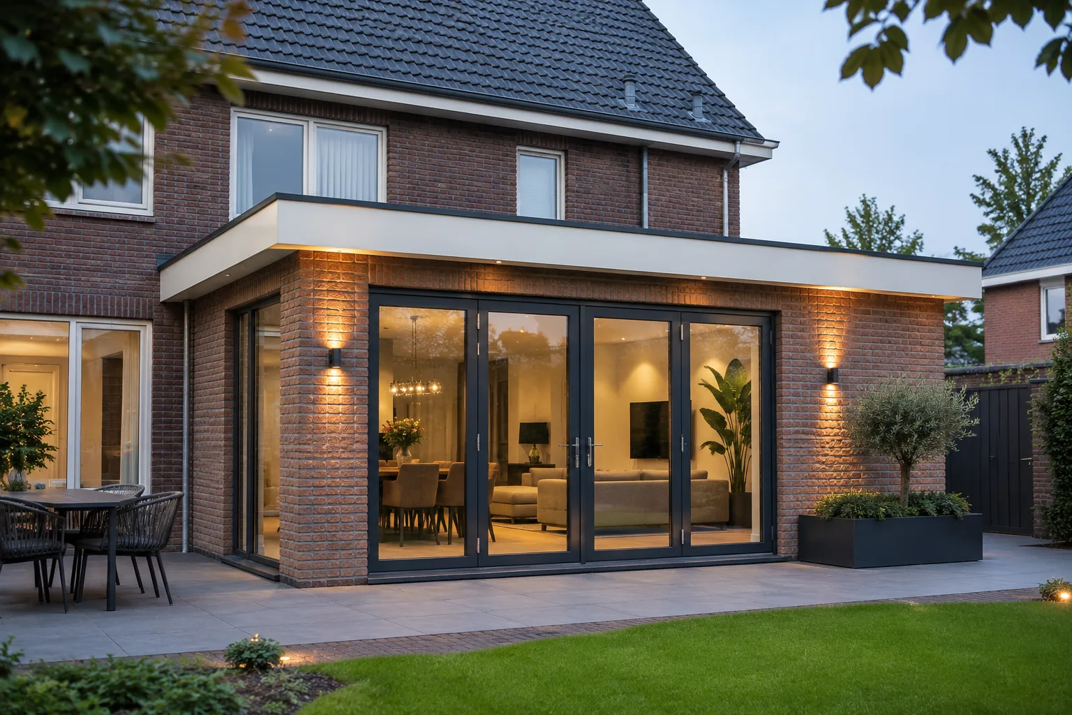 Uitbouw met bakstenen gevel en openslaande deuren in de avond