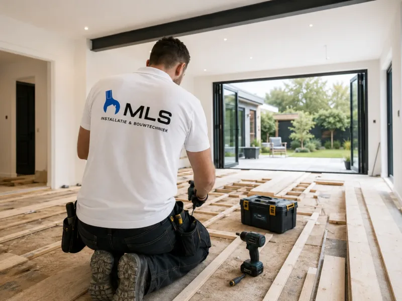 Vakman van MLS Installatie & Bouwtechniek legt een houten vloerconstructie