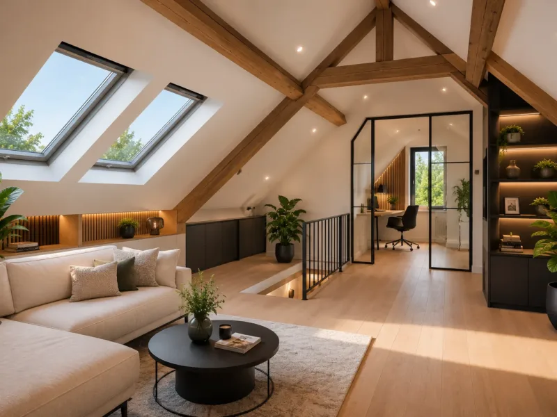 Verbouwde zolder met dakramen, houten spanten en werkplek