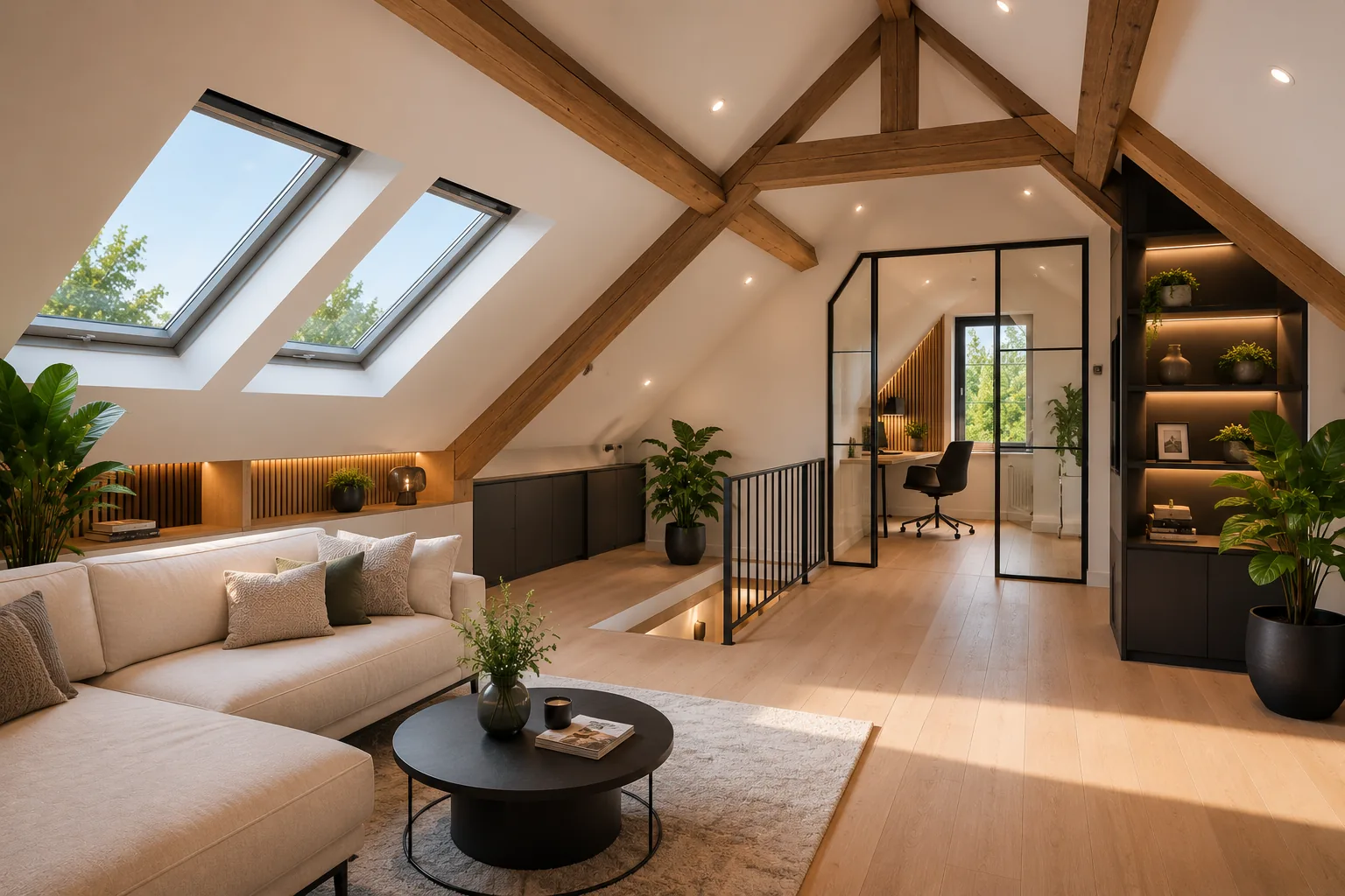 Verbouwde zolder met dakramen, houten spanten en werkplek