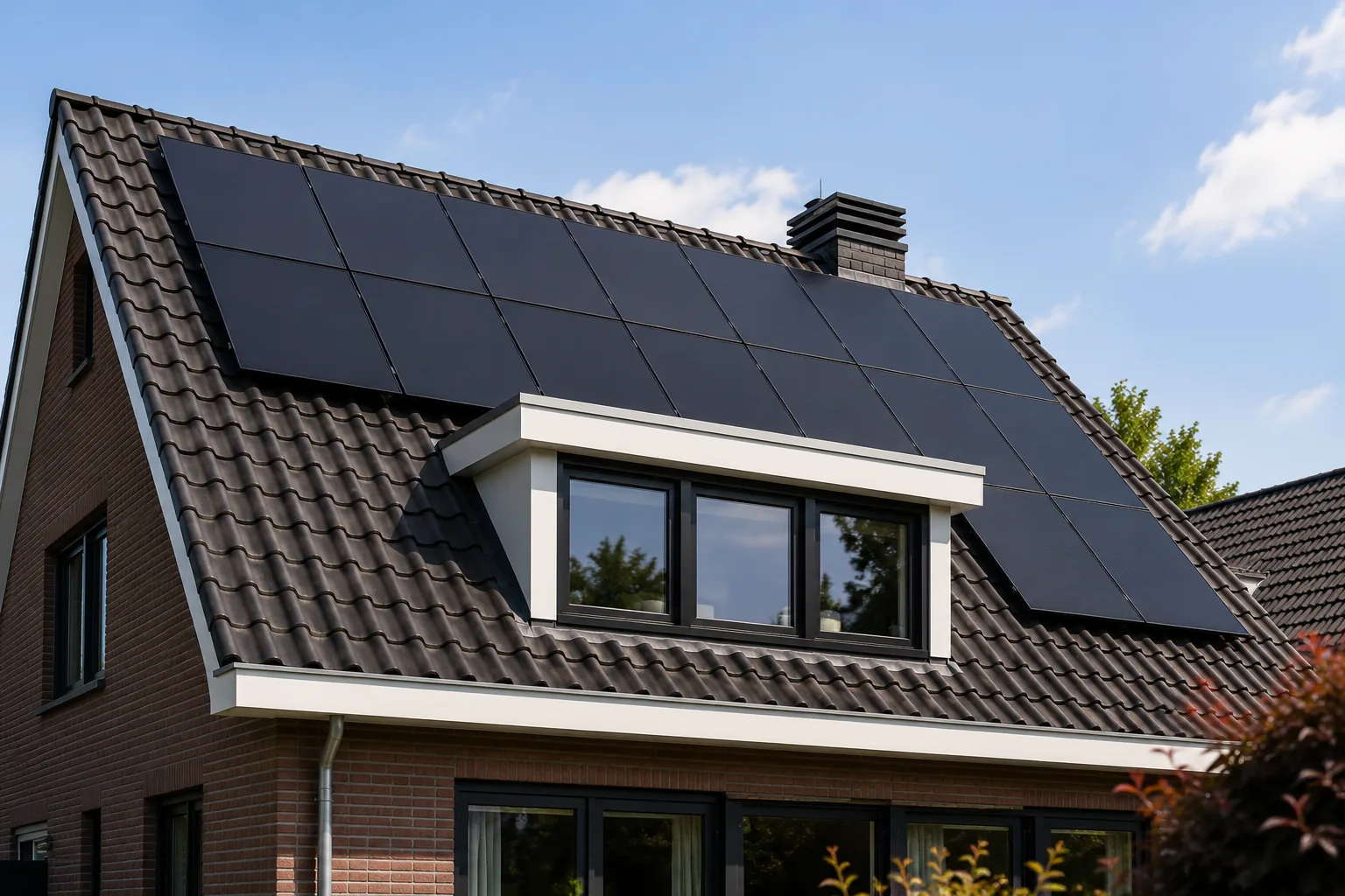 Zwarte zonnepanelen op een pannendak van een woonhuis
